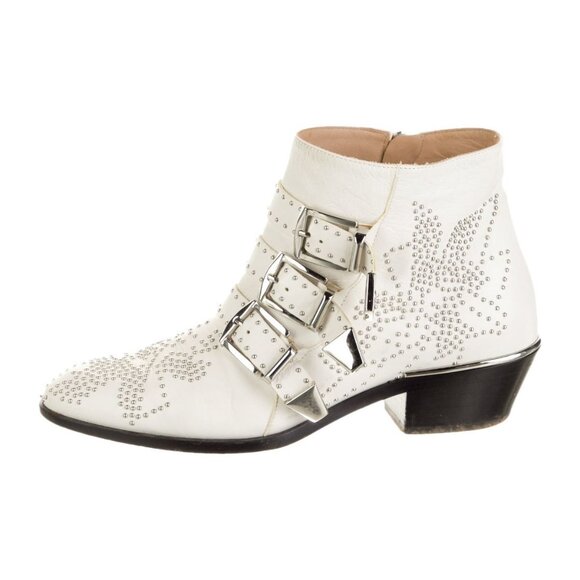 Chloe Shoes - Chloe Suzanna White Studded Ankle Western Booties 35